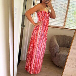 Sky Boho Maxi Dress with Halter Detail (S) in Orange and Pink